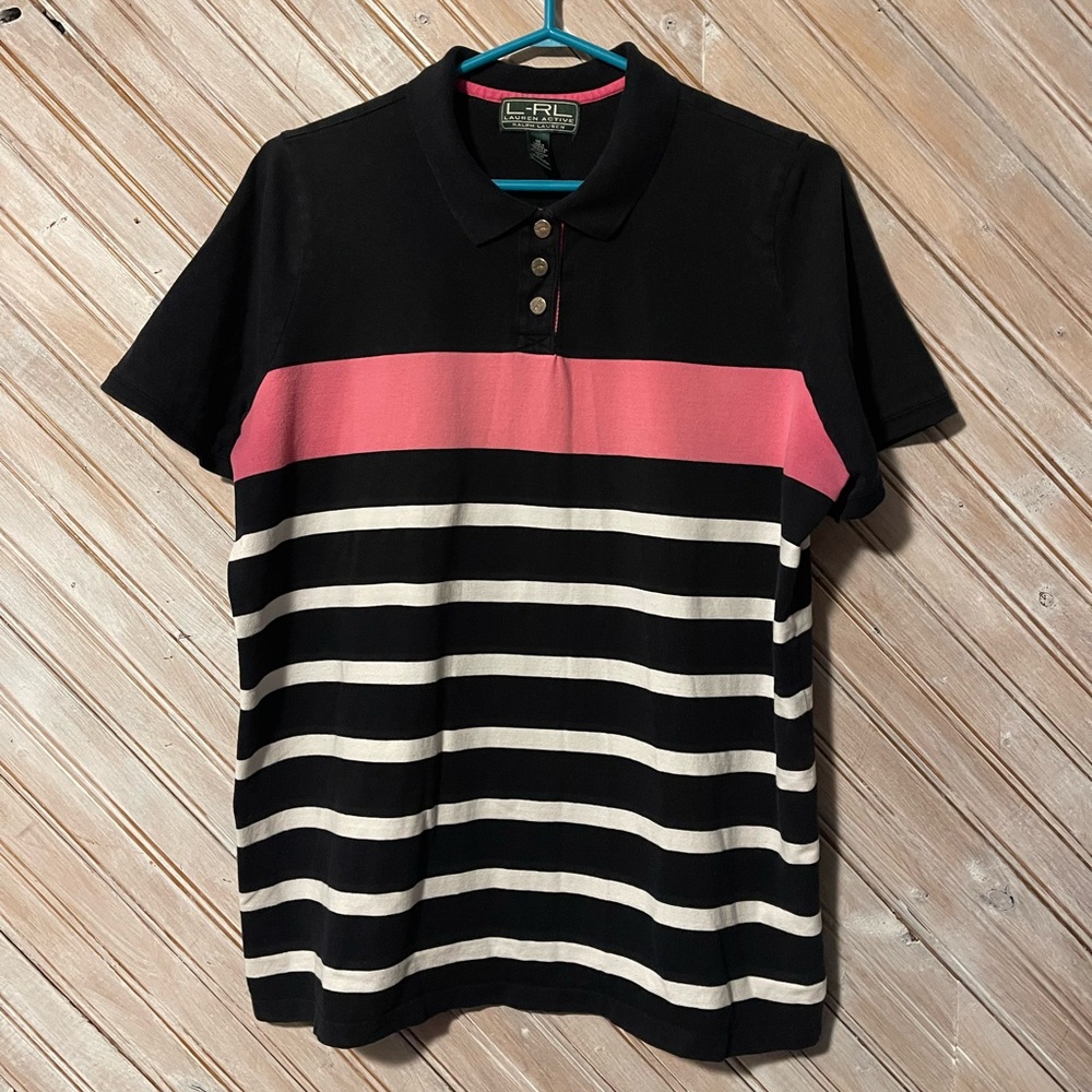 Lauren Ralph Lauren stripped 3 button v neck collared polo shirt 1X pink